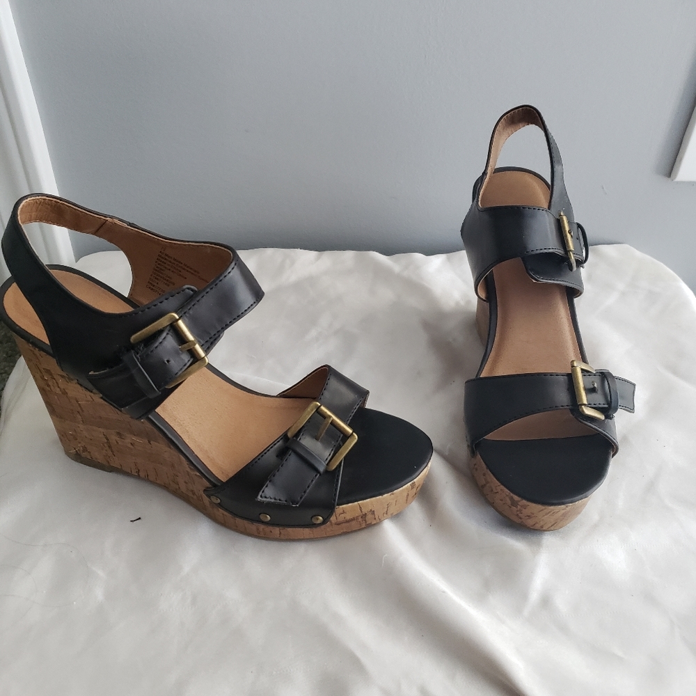 Black Faux Leather Sandal Wedges